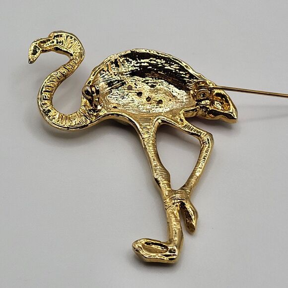 Pink Flamingo Brooch Pin AB Crystal Enamel Tropical Island Bird Gold Plated 2.2" - Picture 5 of 5